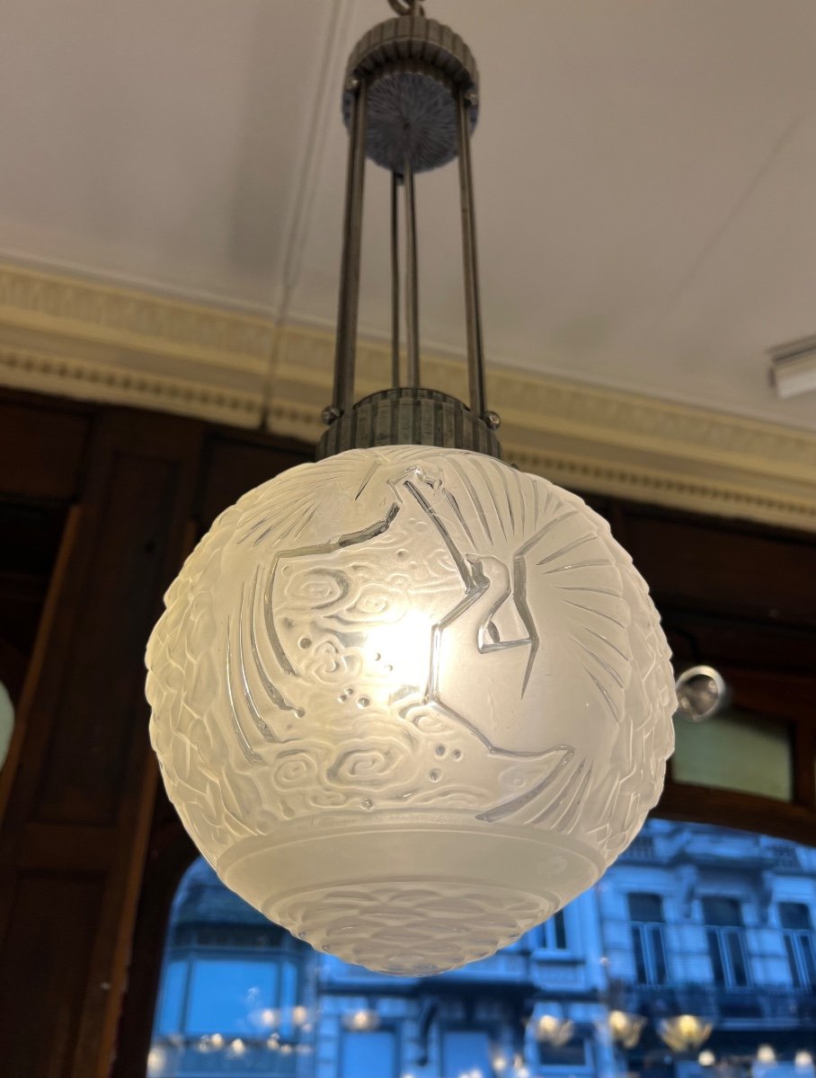 Art Deco Suspension / Ceiling Lamp “boulle Aux Peaons” Müller Frères Signed Art Deco Chandelier 1930-photo-2