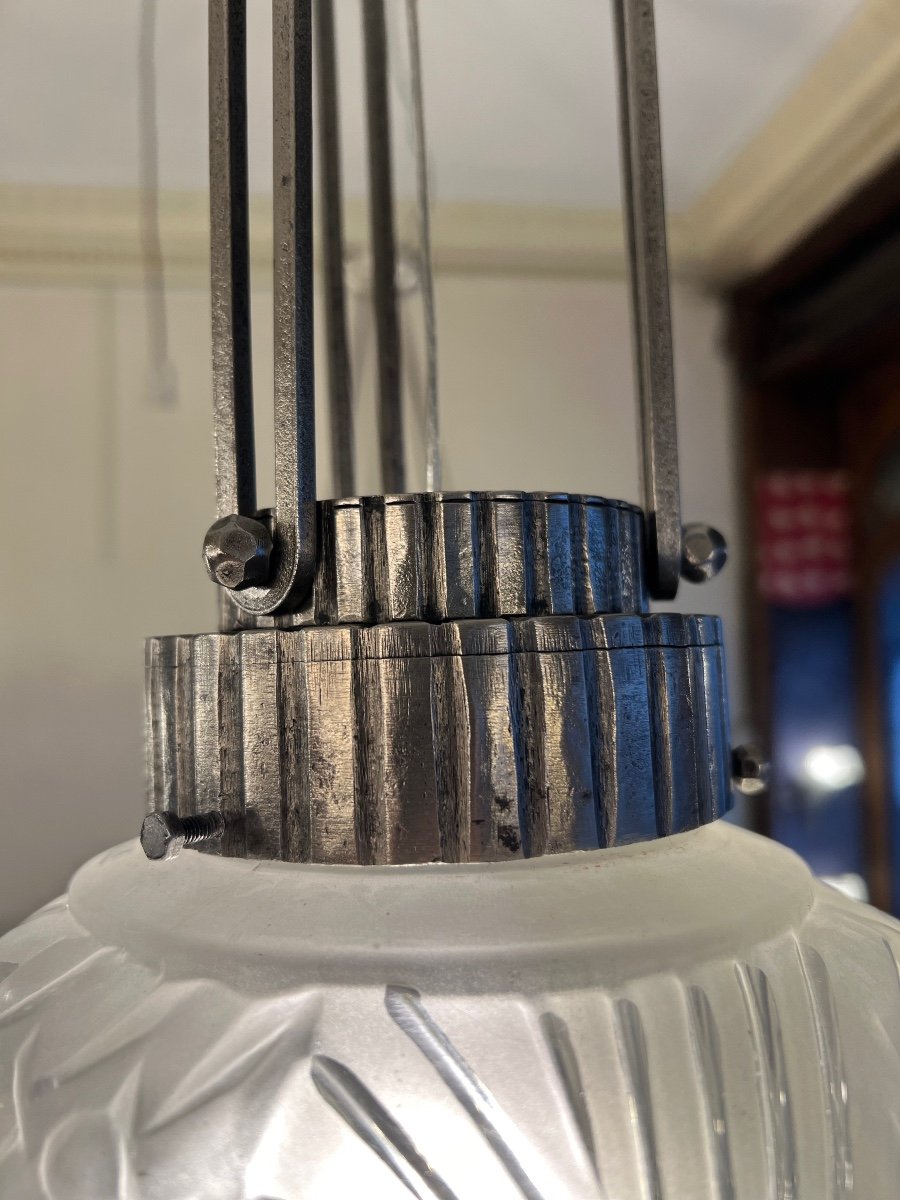 Art Deco Suspension / Ceiling Lamp “boulle Aux Peaons” Müller Frères Signed Art Deco Chandelier 1930-photo-4