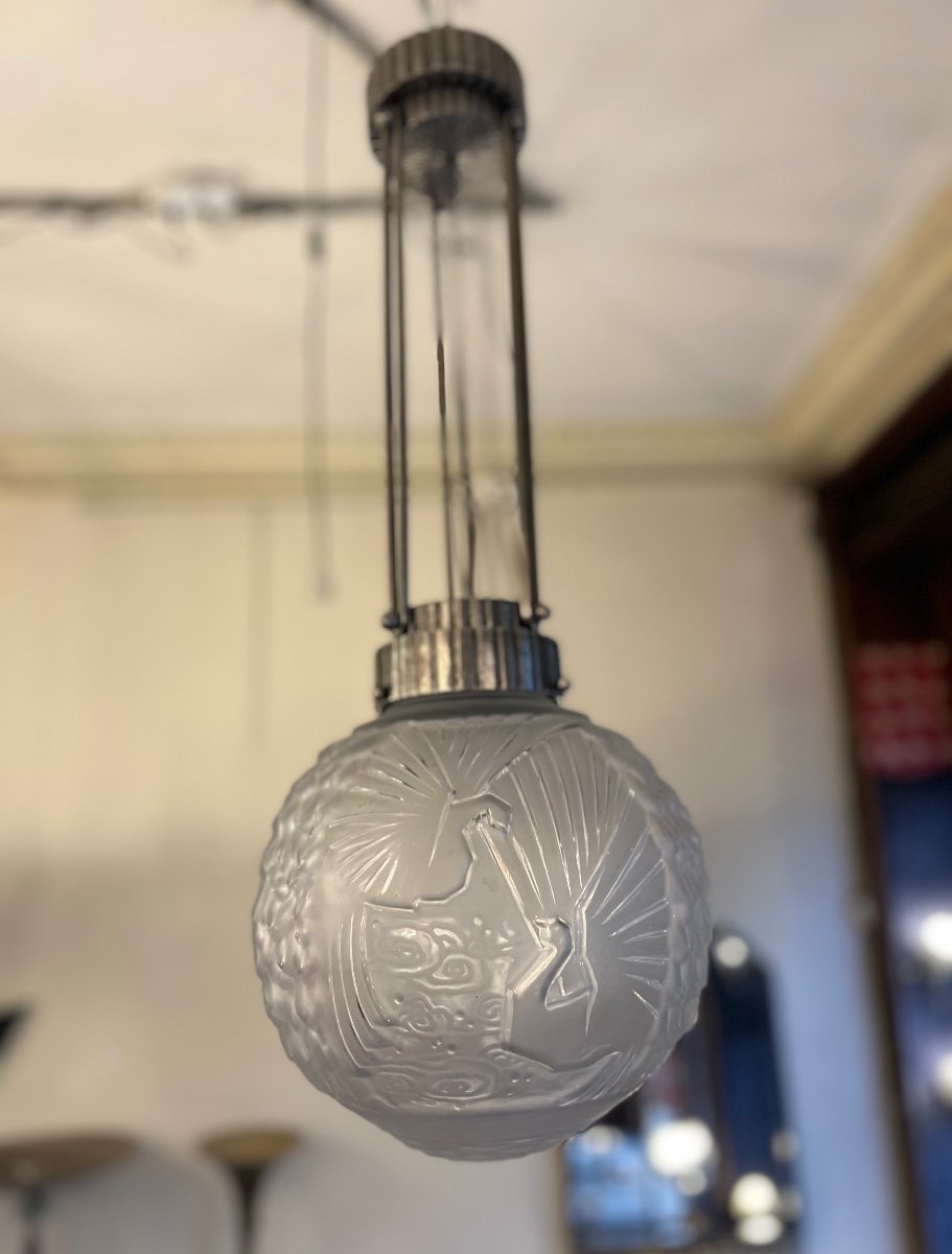 Art Deco Suspension / Ceiling Lamp “boulle Aux Peaons” Müller Frères Signed Art Deco Chandelier 1930-photo-6