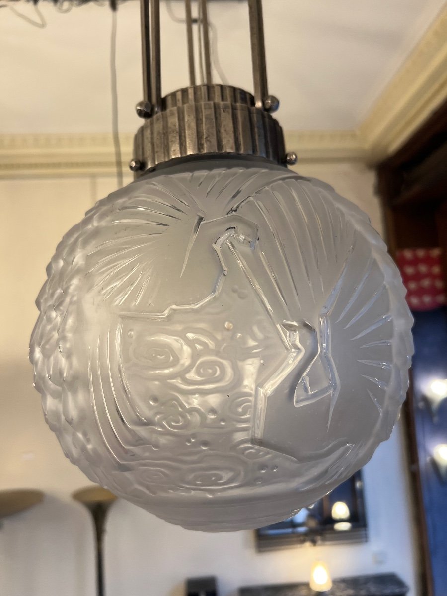 Art Deco Suspension / Ceiling Lamp “boulle Aux Peaons” Müller Frères Signed Art Deco Chandelier 1930-photo-7