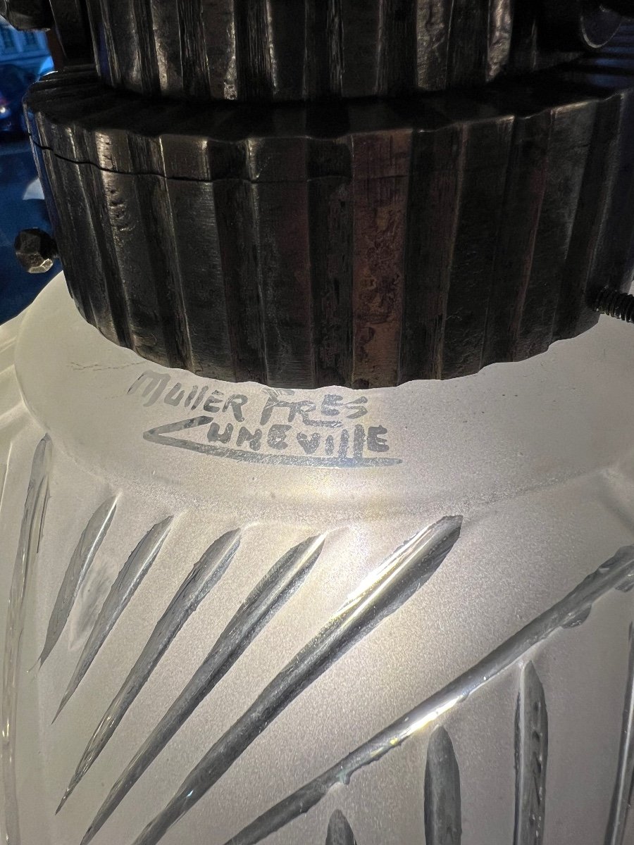 Art Deco Suspension / Ceiling Lamp “boulle Aux Peaons” Müller Frères Signed Art Deco Chandelier 1930-photo-8