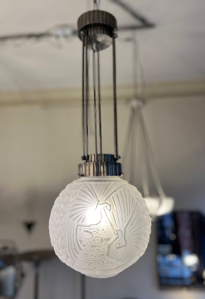 Art Deco Suspension / Ceiling Lamp “boulle Aux Peaons” Müller Frères Signed Art Deco Chandelier 1930