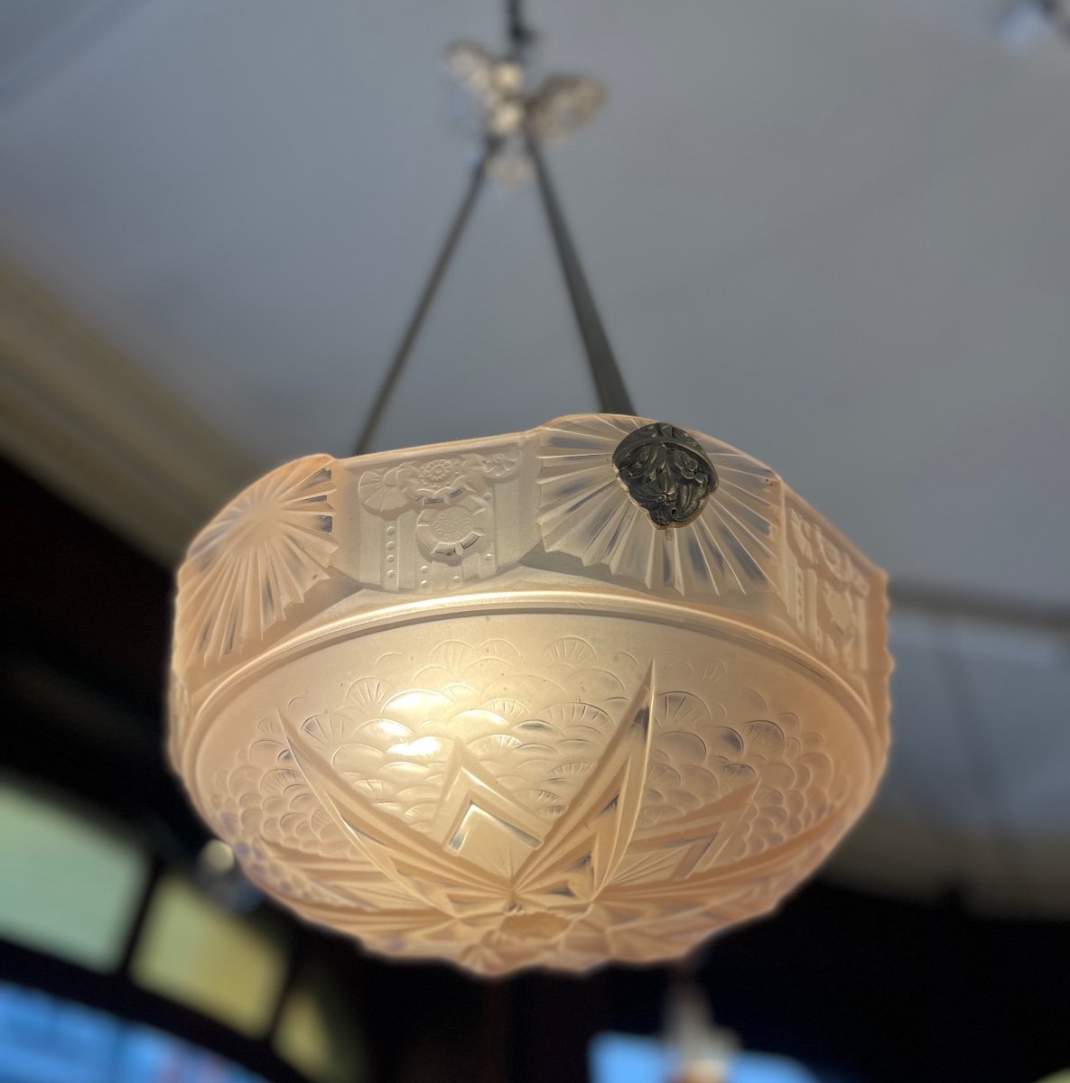 Art Deco Pendant Lamp / Basin Müller Frères Saumonée Signed (art Deco Chandelier / Ceiling Lamp 1930 -photo-2