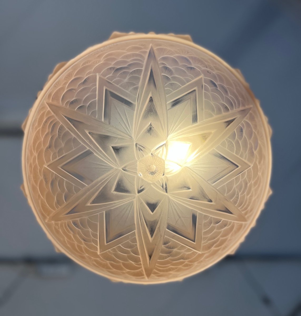 Art Deco Pendant Lamp / Basin Müller Frères Saumonée Signed (art Deco Chandelier / Ceiling Lamp 1930 -photo-4