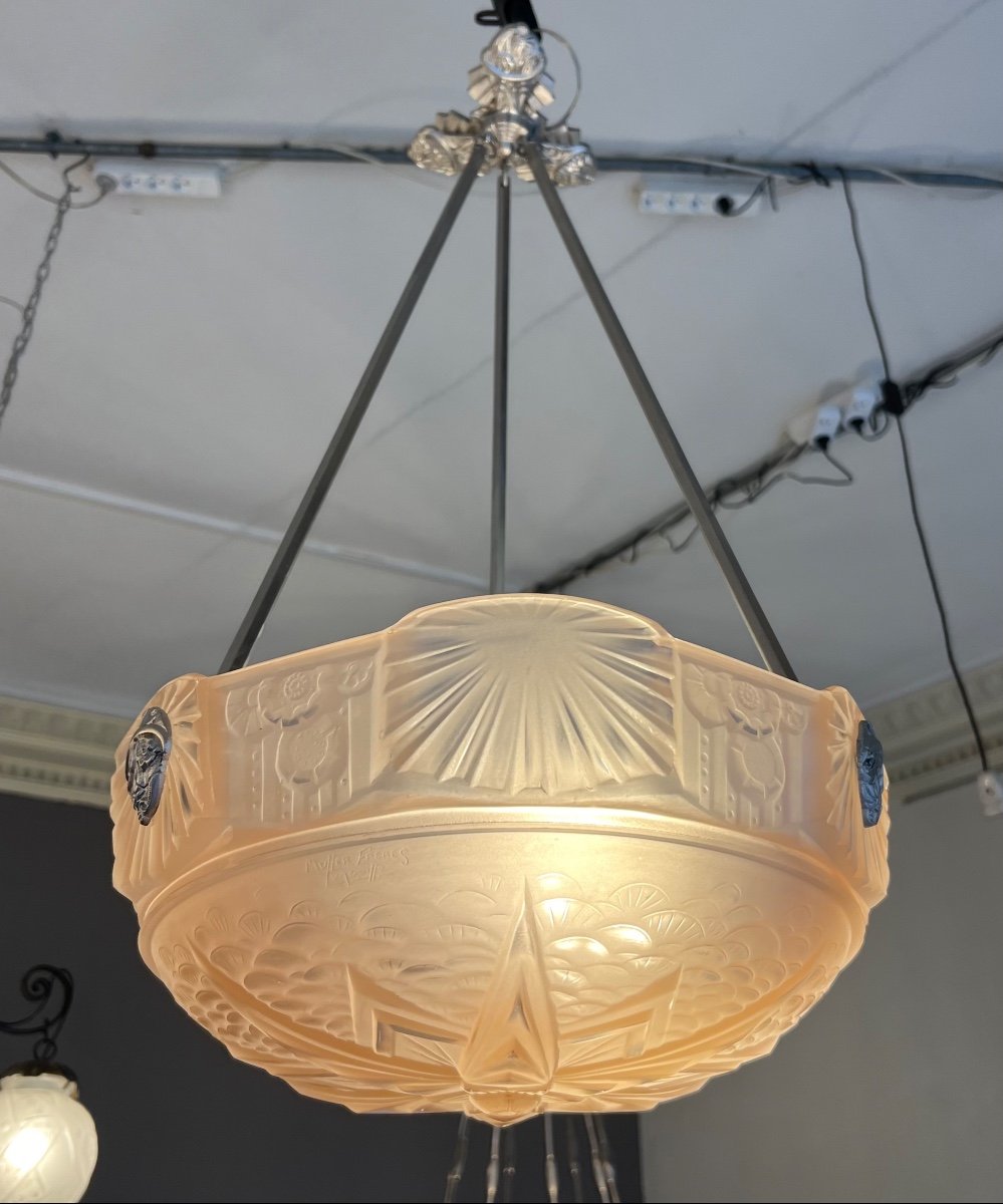 Art Deco Pendant Lamp / Basin Müller Frères Saumonée Signed (art Deco Chandelier / Ceiling Lamp 1930 -photo-2