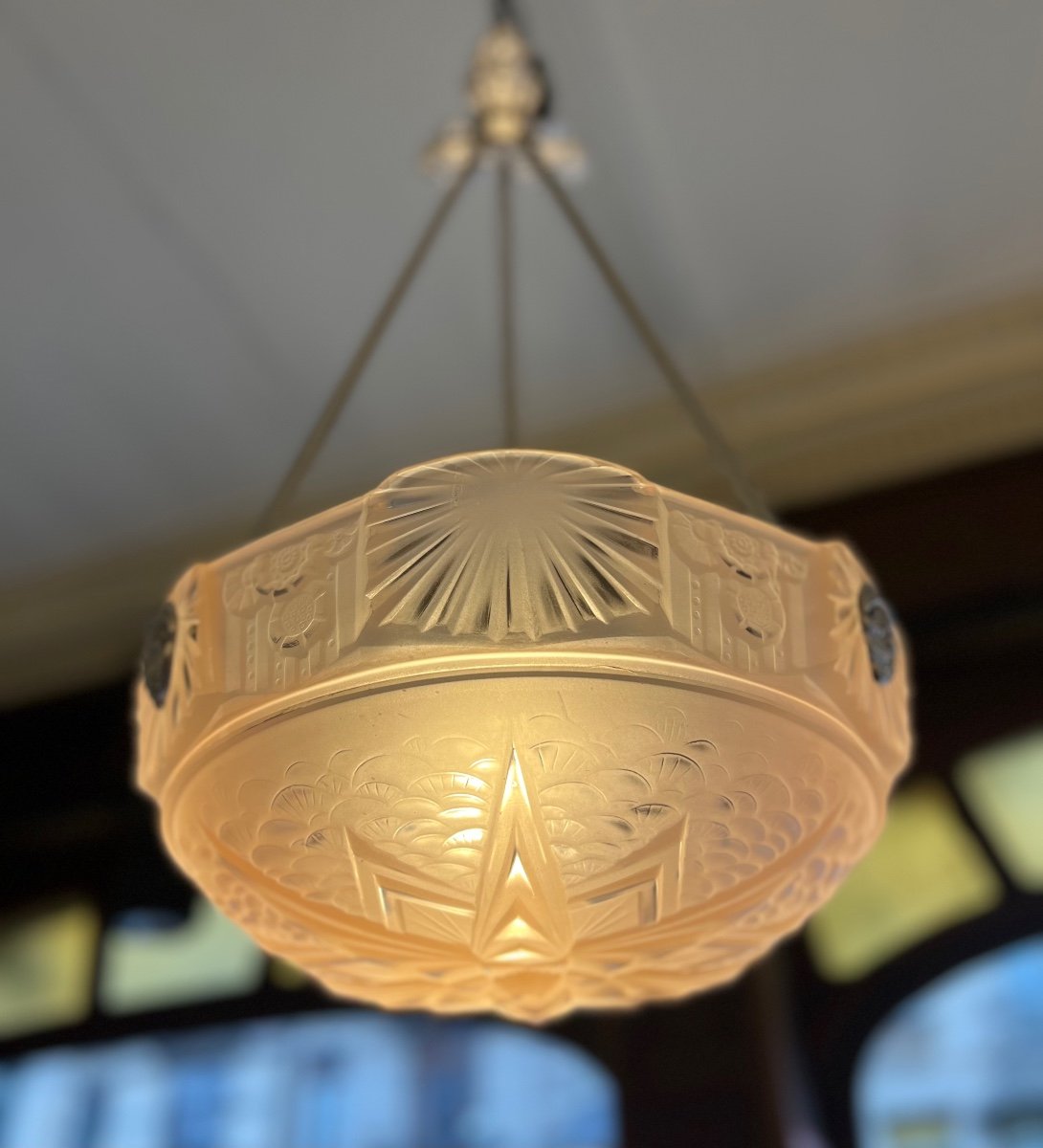 Art Deco Pendant Lamp / Basin Müller Frères Saumonée Signed (art Deco Chandelier / Ceiling Lamp 1930 -photo-3