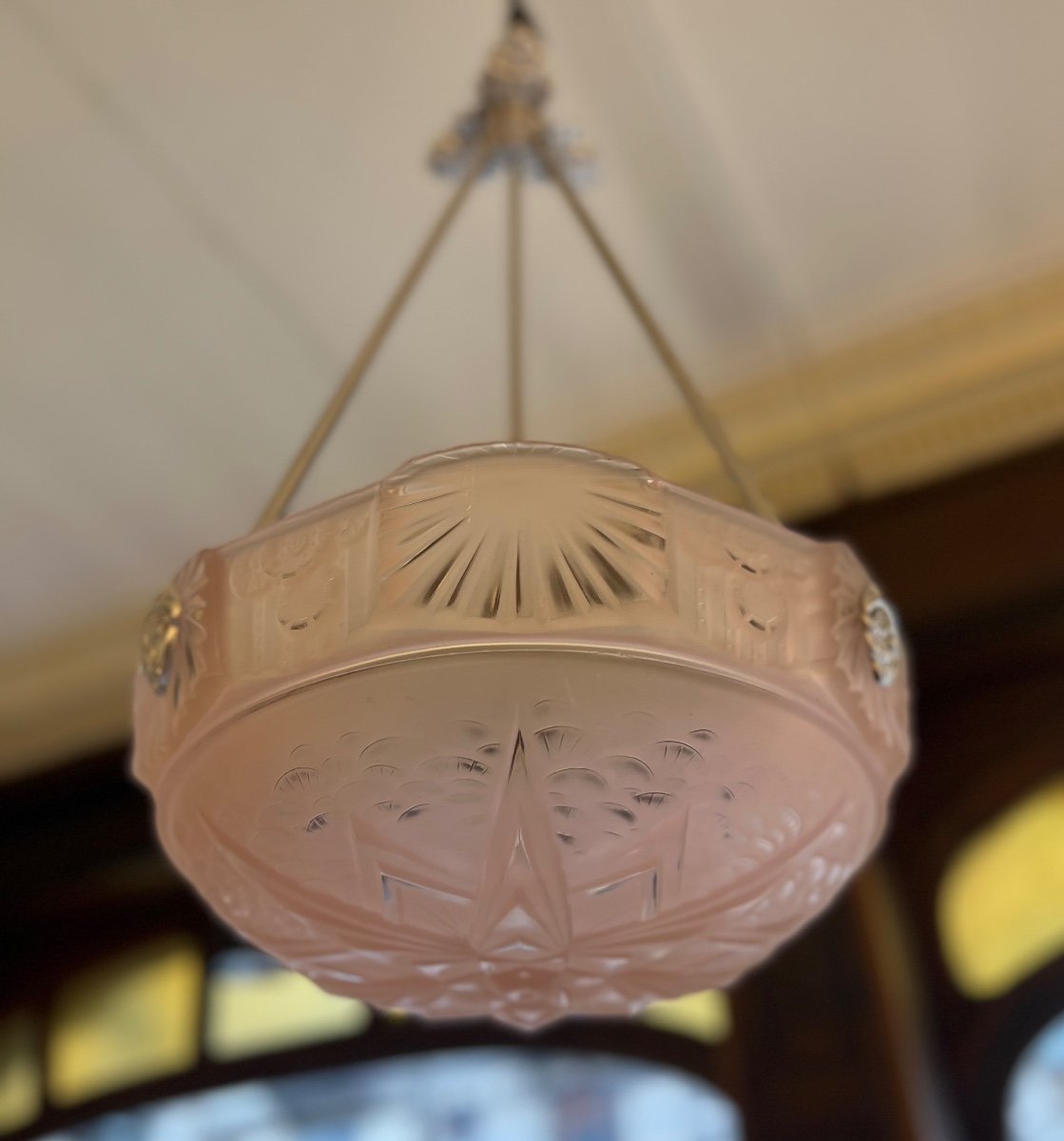 Art Deco Pendant Lamp / Basin Müller Frères Saumonée Signed (art Deco Chandelier / Ceiling Lamp 1930 -photo-4
