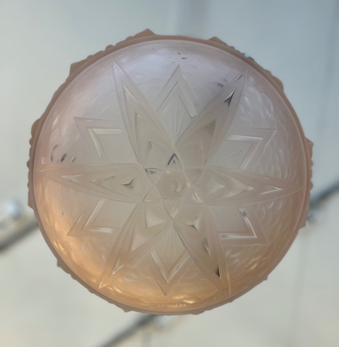 Art Deco Pendant Lamp / Basin Müller Frères Saumonée Signed (art Deco Chandelier / Ceiling Lamp 1930 -photo-5