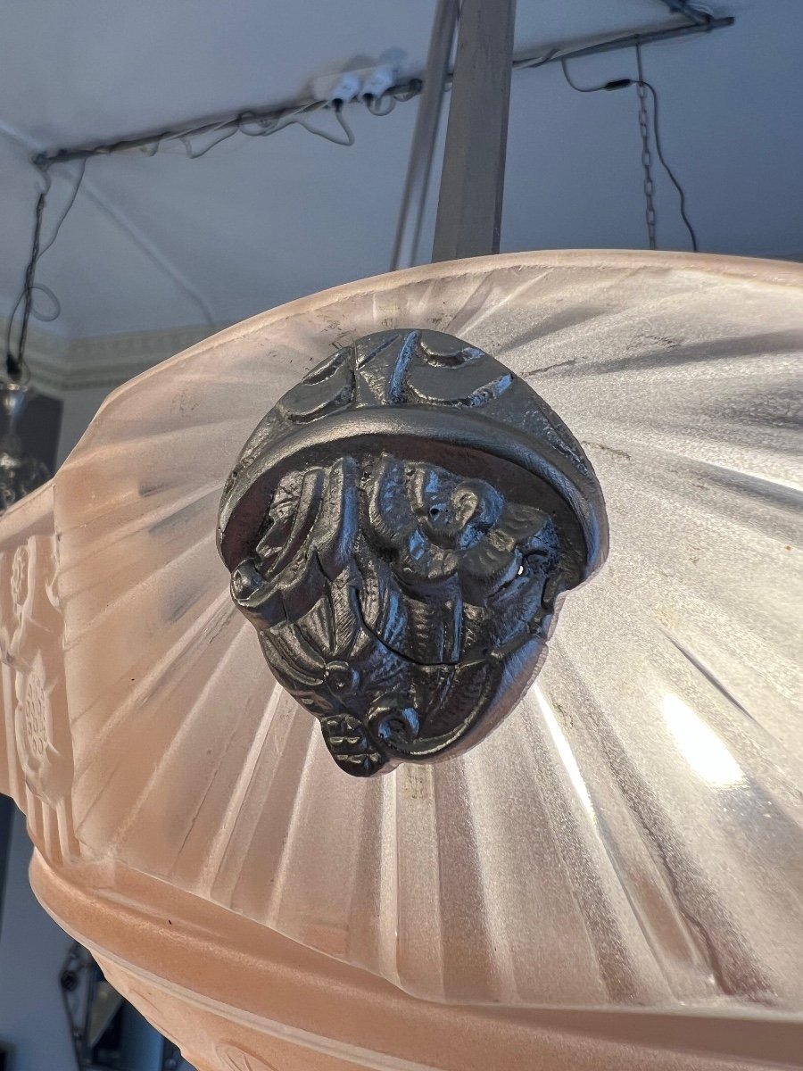 Art Deco Pendant Lamp / Basin Müller Frères Saumonée Signed (art Deco Chandelier / Ceiling Lamp 1930 -photo-7