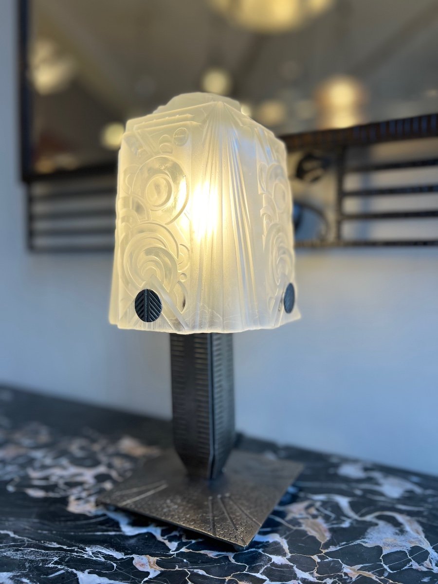Magnificent Art Deco Lamp Müller Frères “geometric” Signed (art Deco Lighting Lamp 1930-photo-2