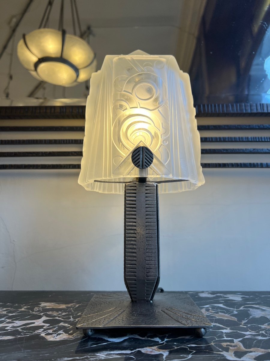 Magnificent Art Deco Lamp Müller Frères “geometric” Signed (art Deco Lighting Lamp 1930-photo-1