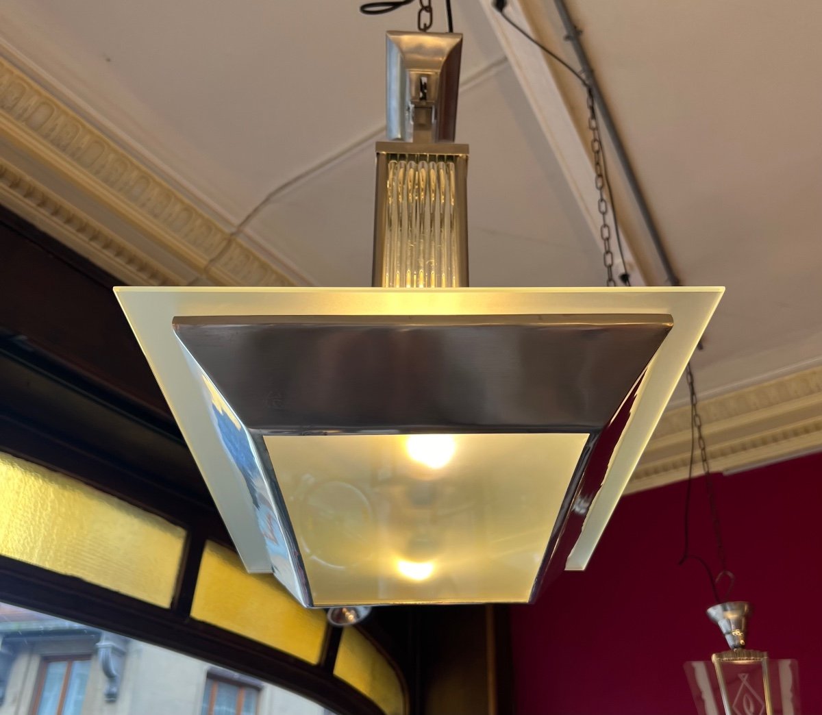 Lustre Art Déco Moderniste Petitot à Baguettes De Verre ( Plafonnier Art Deco 1930 - 1940 ) -photo-3