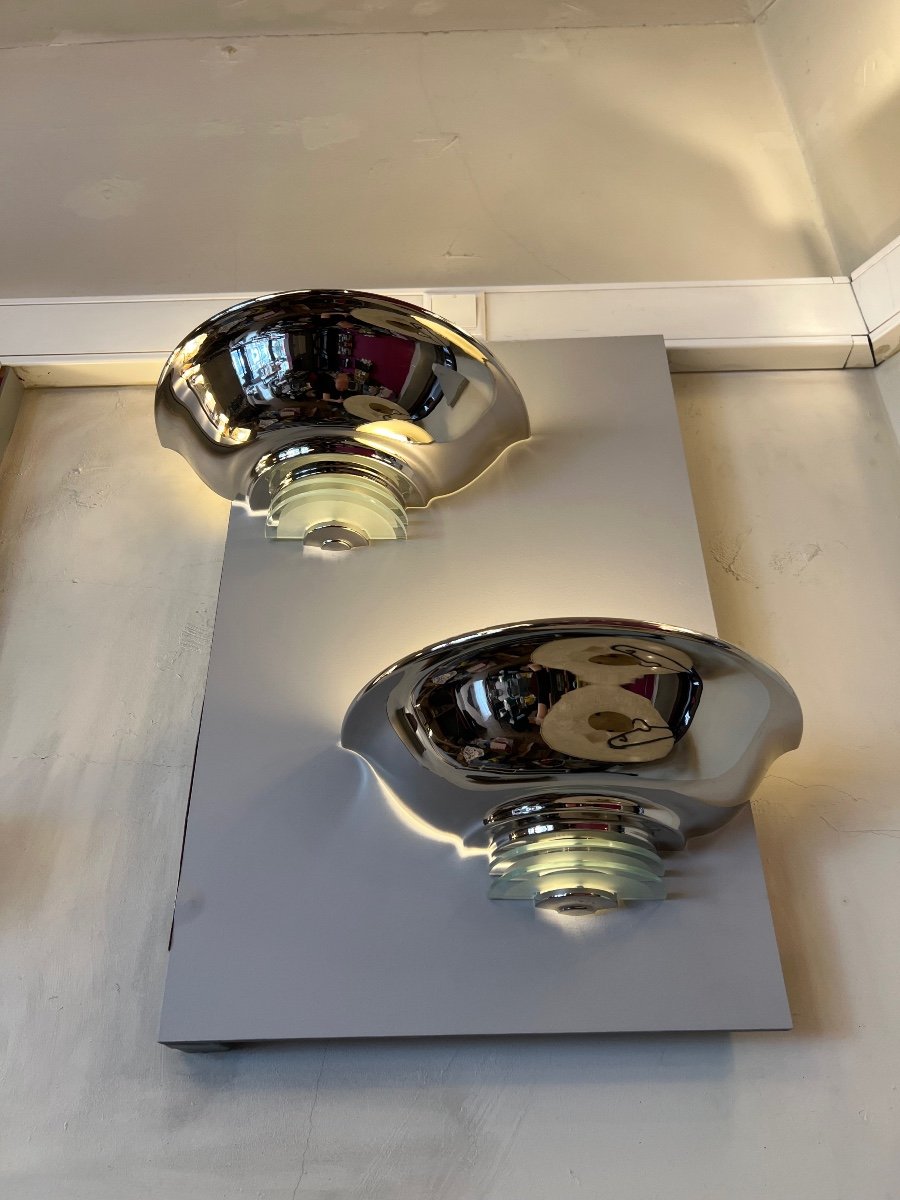  Pair Of Modernist Art Deco Wall Lights In Chromed Metal And Glass (art Deco Wall Lamp 1930-photo-2