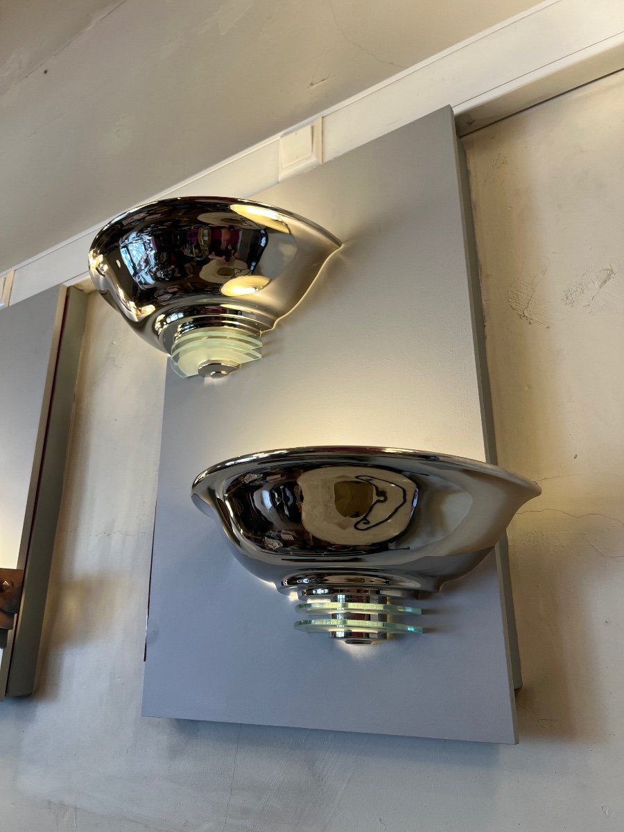  Pair Of Modernist Art Deco Wall Lights In Chromed Metal And Glass (art Deco Wall Lamp 1930-photo-3