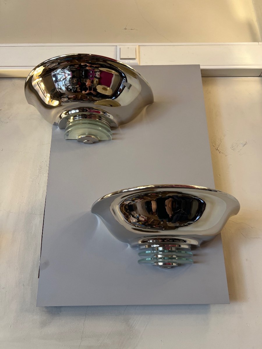  Pair Of Modernist Art Deco Wall Lights In Chromed Metal And Glass (art Deco Wall Lamp 1930-photo-4