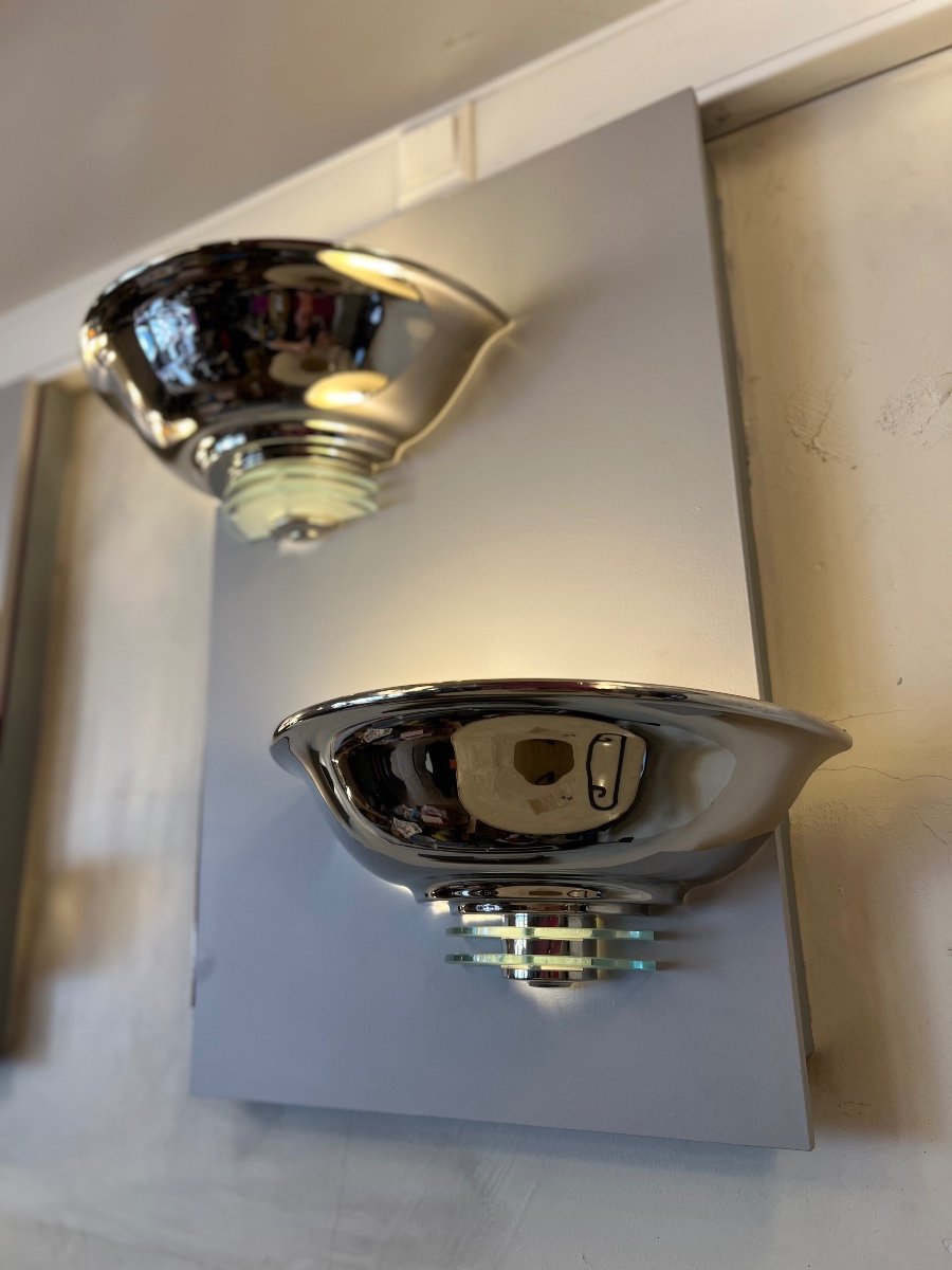  Pair Of Modernist Art Deco Wall Lights In Chromed Metal And Glass (art Deco Wall Lamp 1930-photo-5