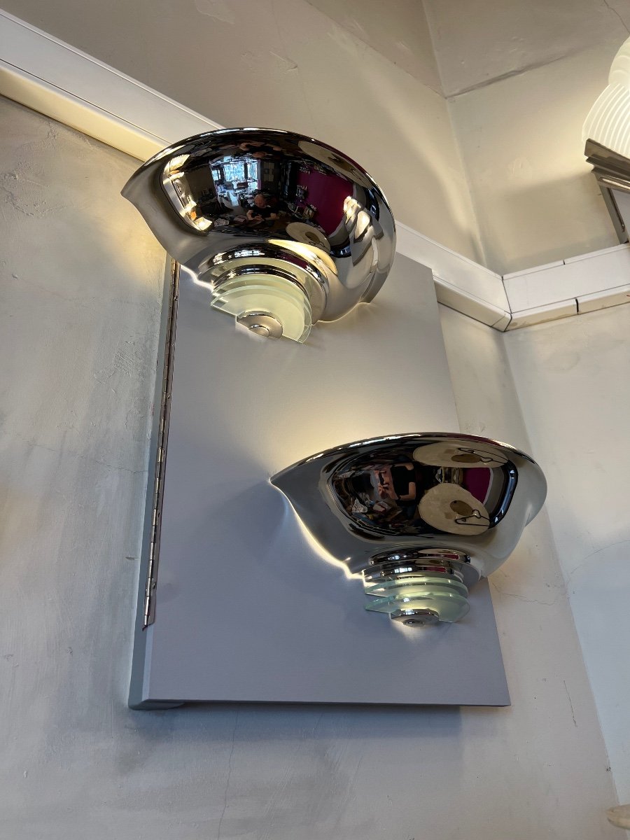  Pair Of Modernist Art Deco Wall Lights In Chromed Metal And Glass (art Deco Wall Lamp 1930-photo-7
