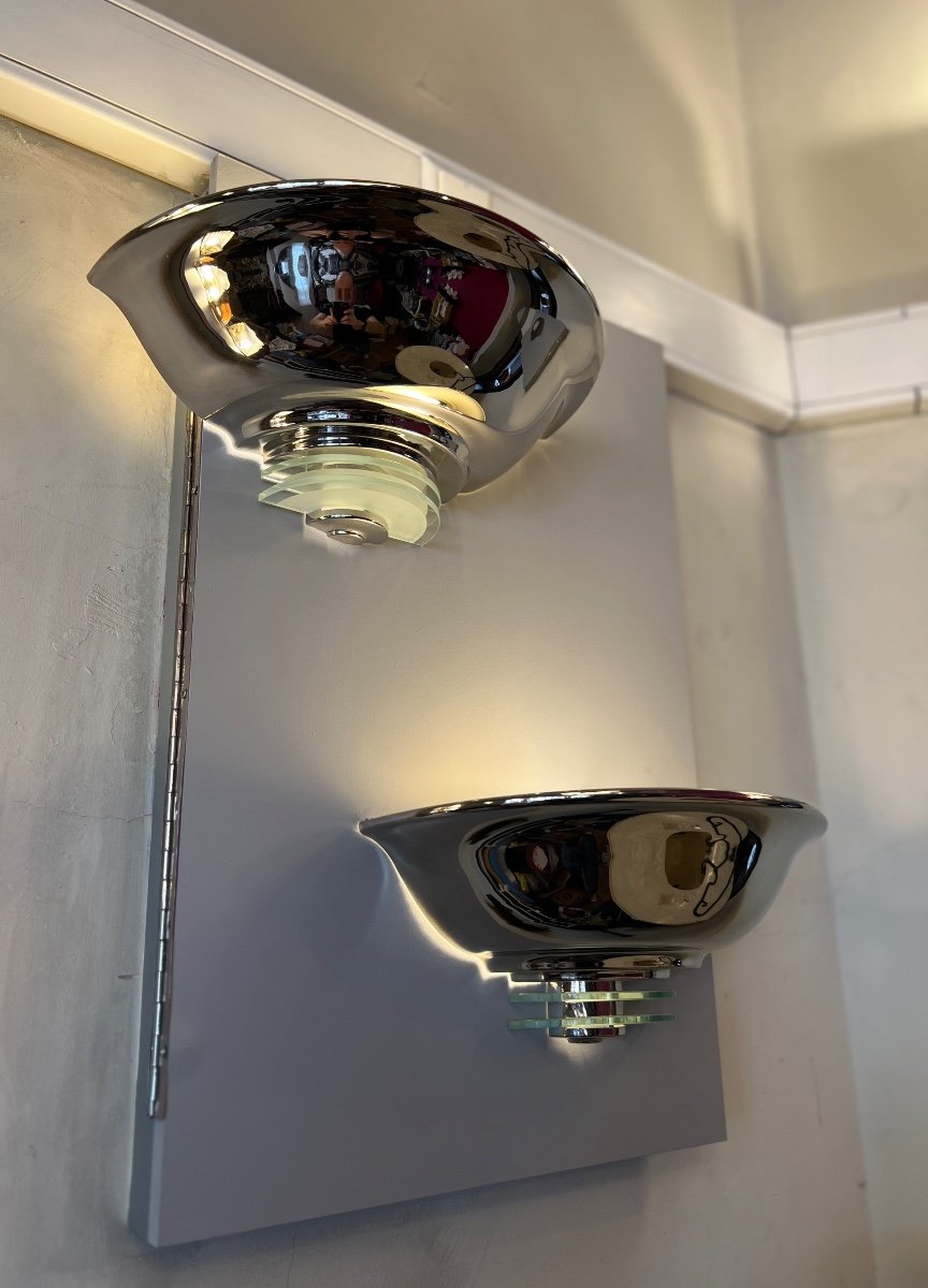  Pair Of Modernist Art Deco Wall Lights In Chromed Metal And Glass (art Deco Wall Lamp 1930