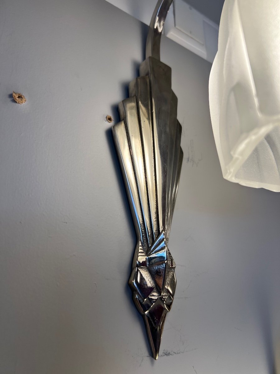 Pair Of Art Deco Degué Wall Lights In Nickel-plated Bronze And Pressed Glass (art Deco Wall Lamp 1930) -photo-5