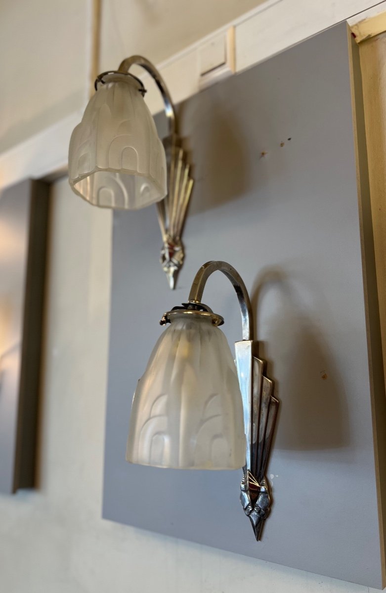 Pair Of Art Deco Degué Wall Lights In Nickel-plated Bronze And Pressed Glass (art Deco Wall Lamp 1930) -photo-6