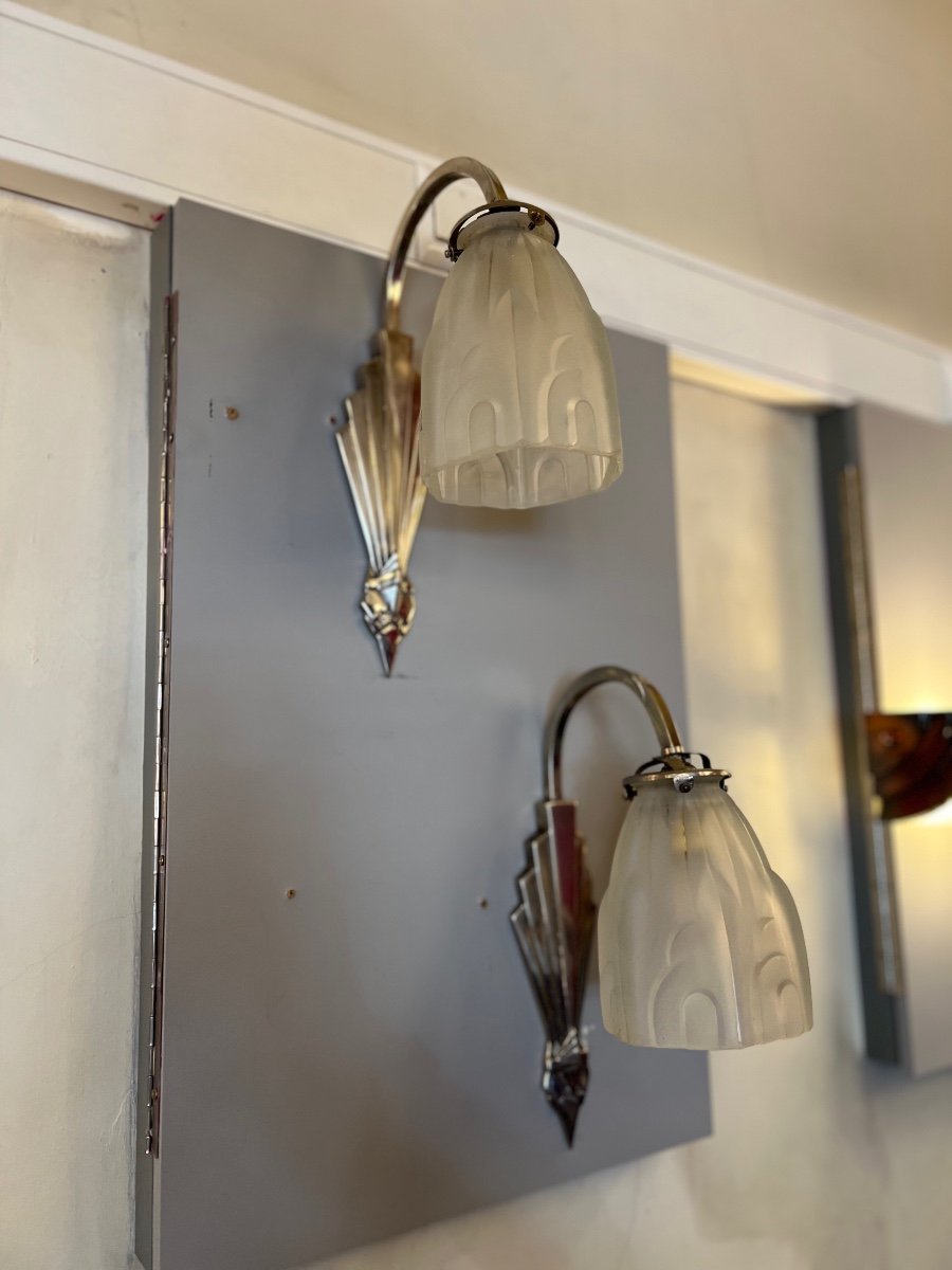 Pair Of Art Deco Degué Wall Lights In Nickel-plated Bronze And Pressed Glass (art Deco Wall Lamp 1930) -photo-7