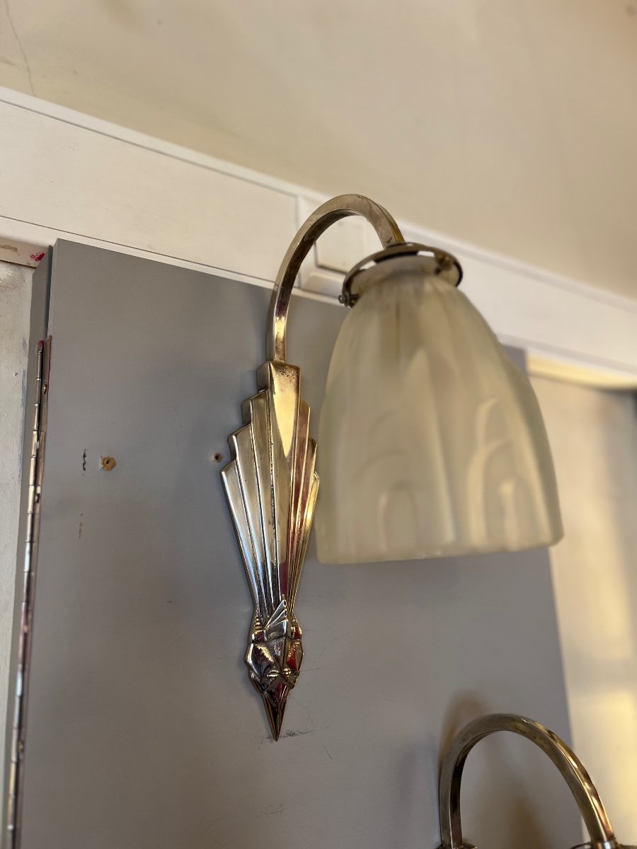Pair Of Art Deco Degué Wall Lights In Nickel-plated Bronze And Pressed Glass (art Deco Wall Lamp 1930) -photo-8