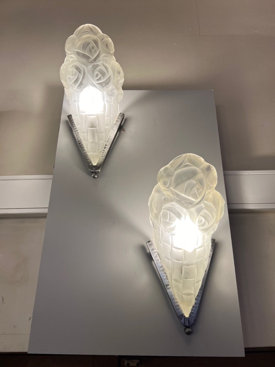 Pair Of Sconces (set Of 3 Available) Art Deco Cornets Degué Signed (art Deco Wall Lamp 1930 