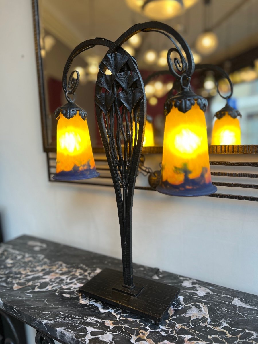 Large Art Nouveau / Art Deco Transition Lamp “ginkgo Biloba” Signed Müller Frères Lunéville-photo-3
