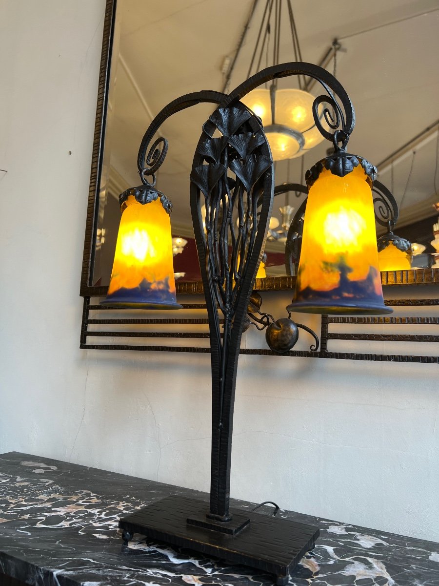 Large Art Nouveau / Art Deco Transition Lamp “ginkgo Biloba” Signed Müller Frères Lunéville-photo-3