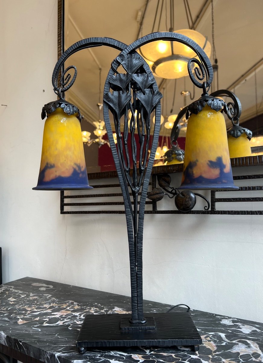 Large Art Nouveau / Art Deco Transition Lamp “ginkgo Biloba” Signed Müller Frères Lunéville-photo-6
