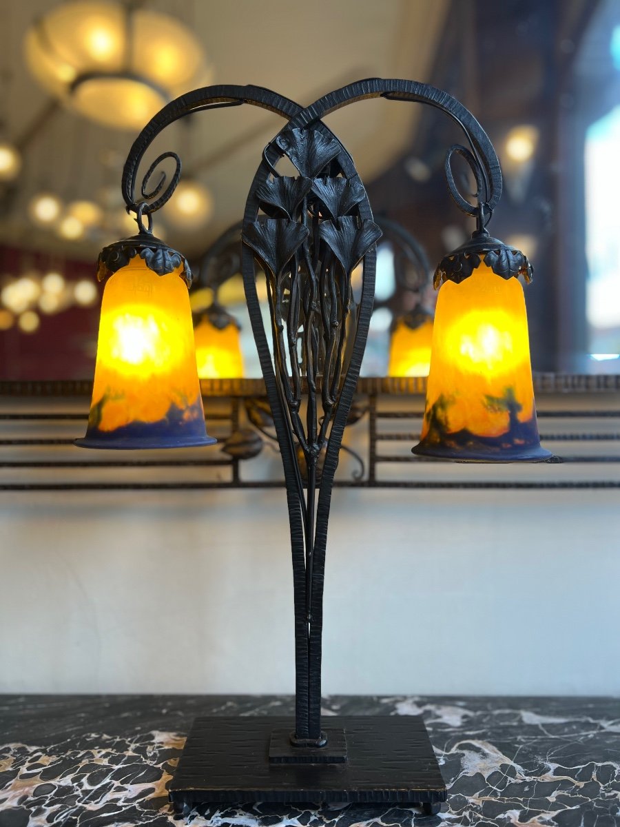 Large Art Nouveau / Art Deco Transition Lamp “ginkgo Biloba” Signed Müller Frères Lunéville