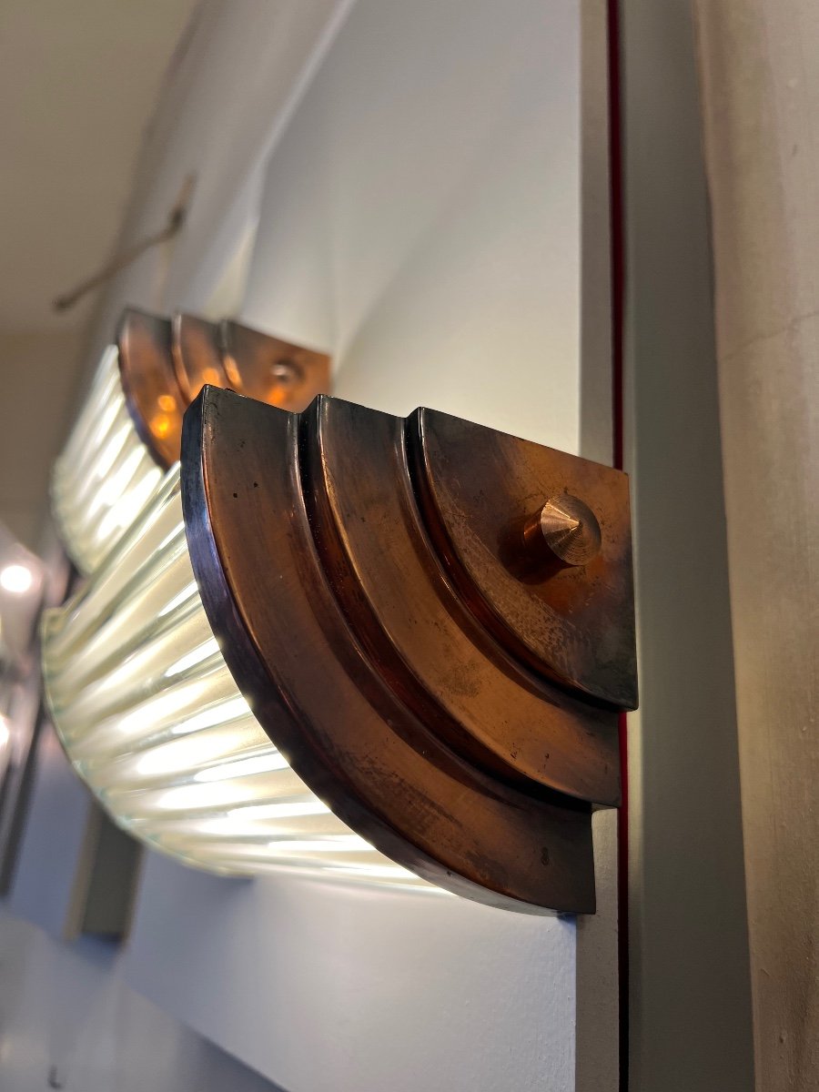 Pair Of Art Deco Modernist Petitot Sconces In Copper Metal And Glass Rods (1930) -photo-1