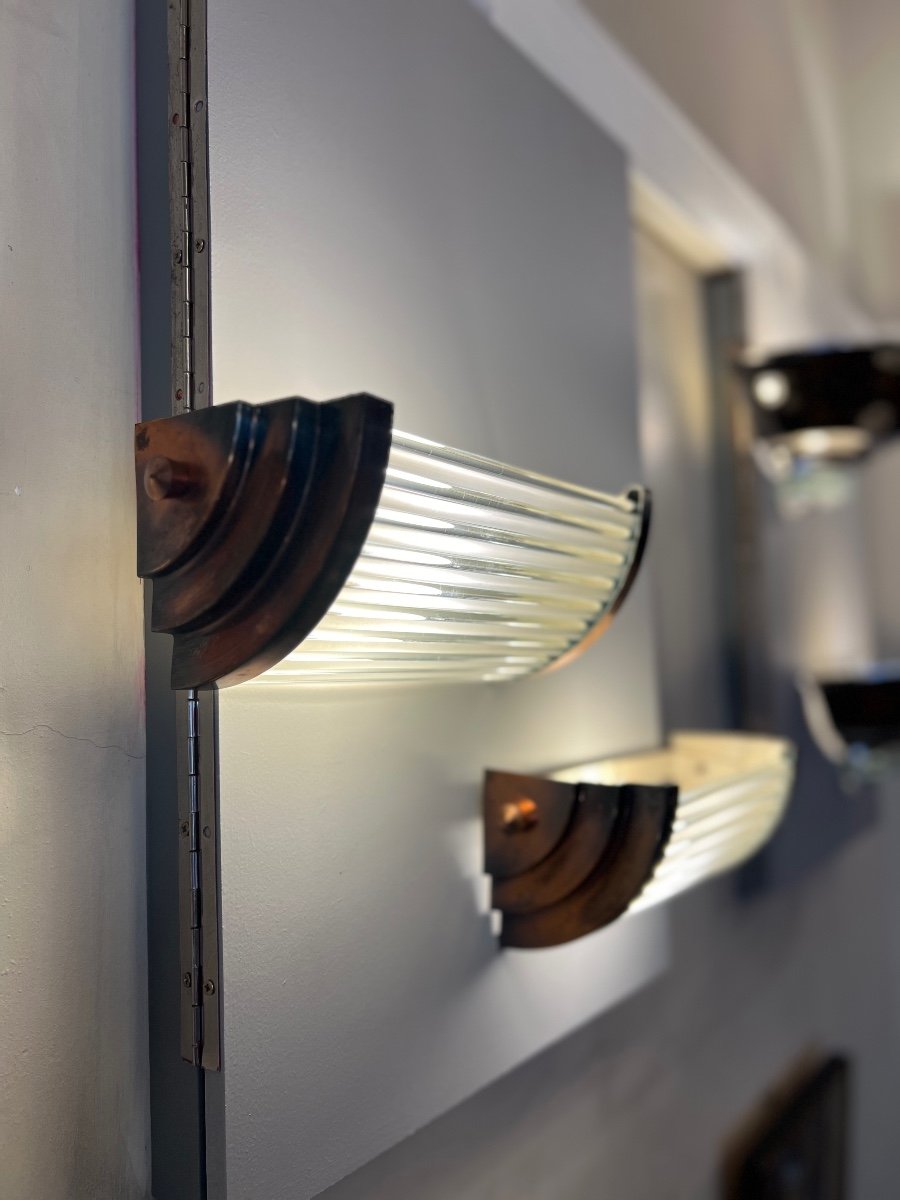 Pair Of Art Deco Modernist Petitot Sconces In Copper Metal And Glass Rods (1930) -photo-4
