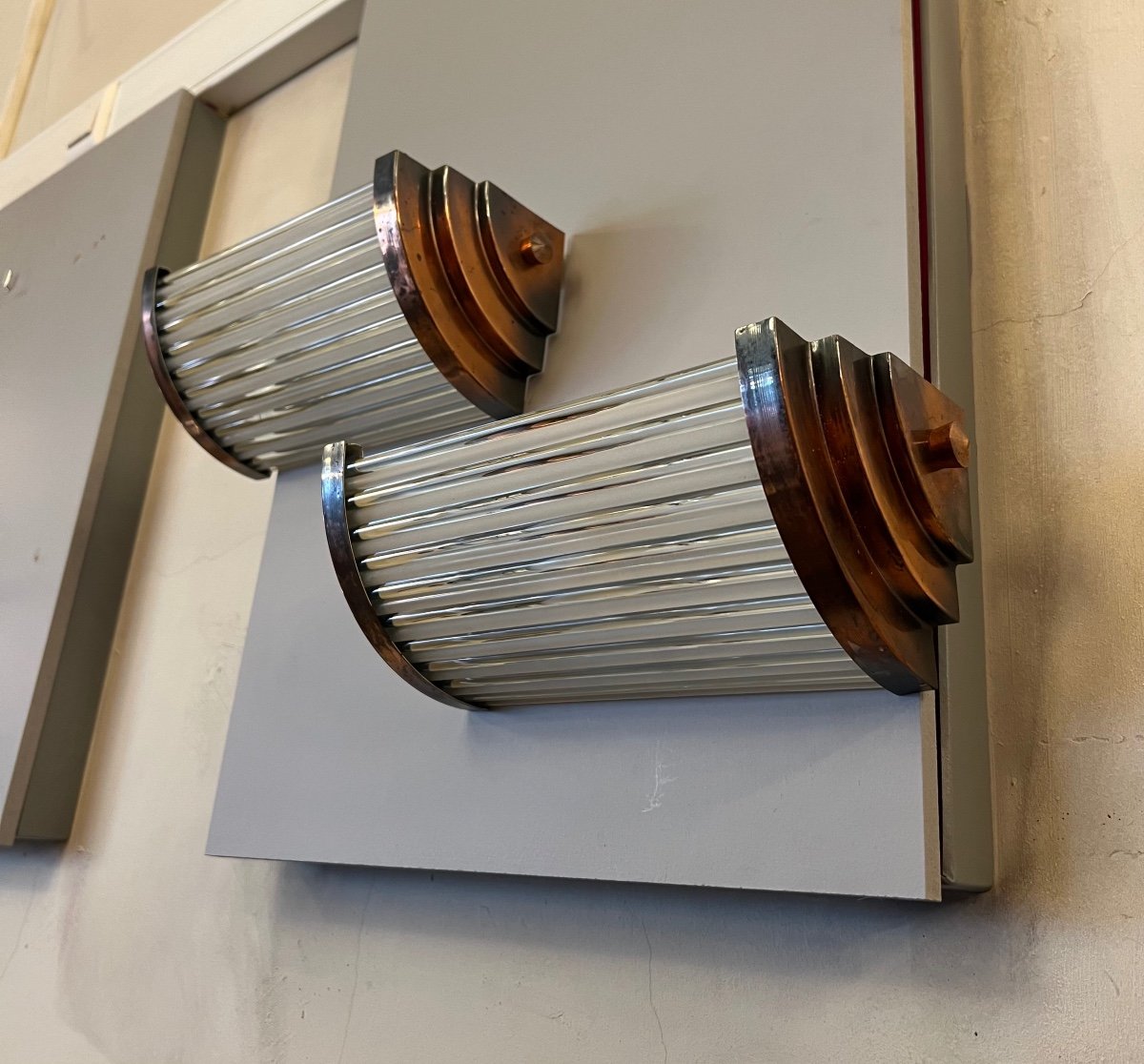 Pair Of Art Deco Modernist Petitot Sconces In Copper Metal And Glass Rods (1930) -photo-5