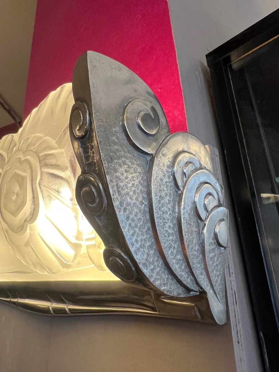 Extraordinary Unique Marius Sabino 4594 Wall Lamp Signed In Silver Bronze (art Deco 1930) -photo-3
