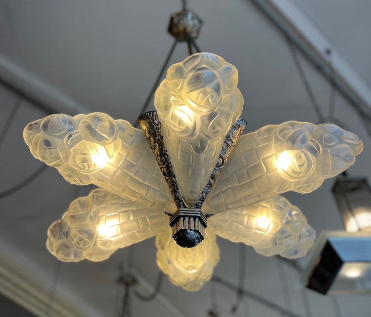 Superb Art Deco Chandelier With 6 Cornets “bouquet Of Flowers” Signed Degué (art Deco Chandelier 1930) -photo-2