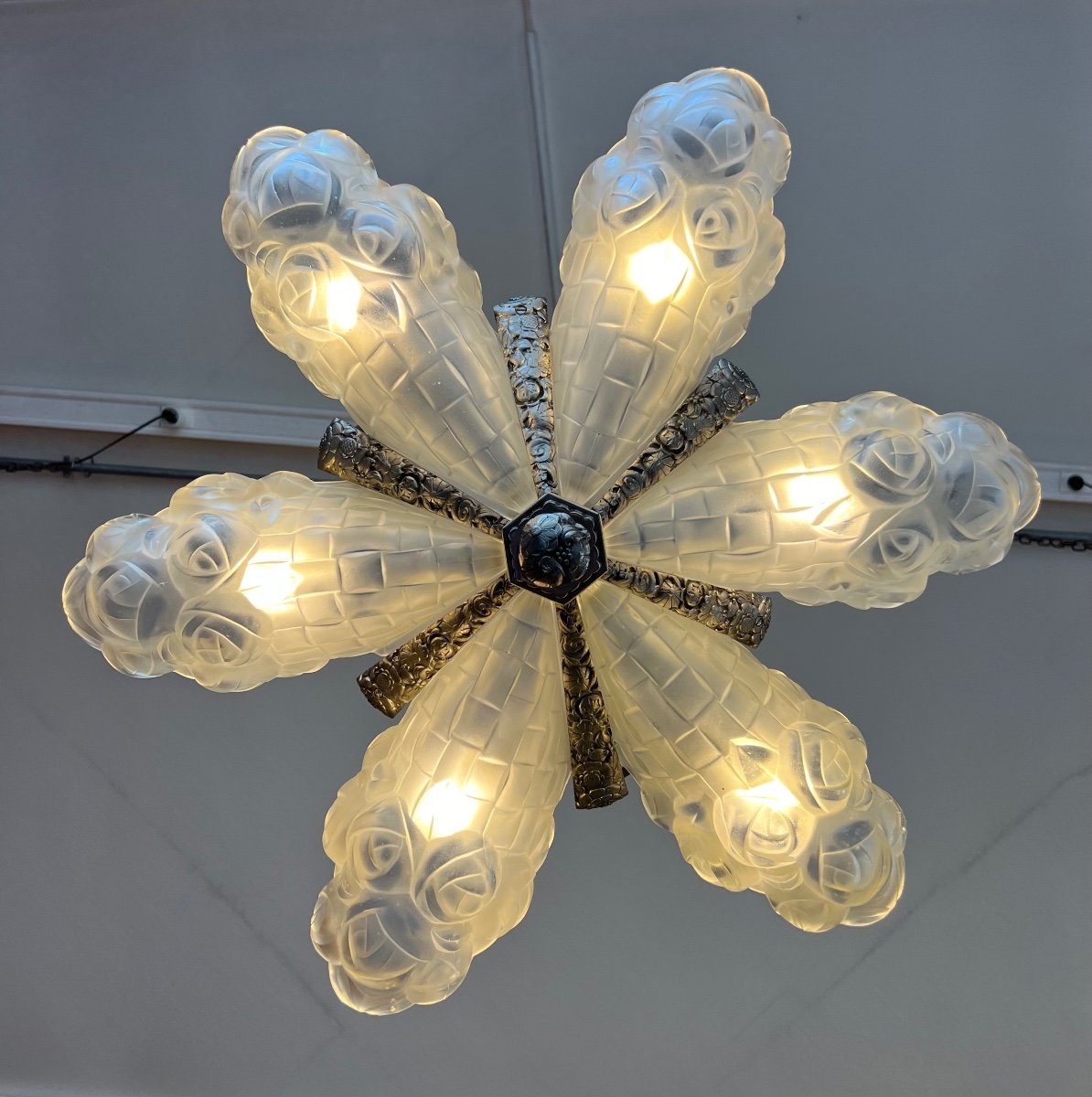 Superb Art Deco Chandelier With 6 Cornets “bouquet Of Flowers” Signed Degué (art Deco Chandelier 1930) -photo-3