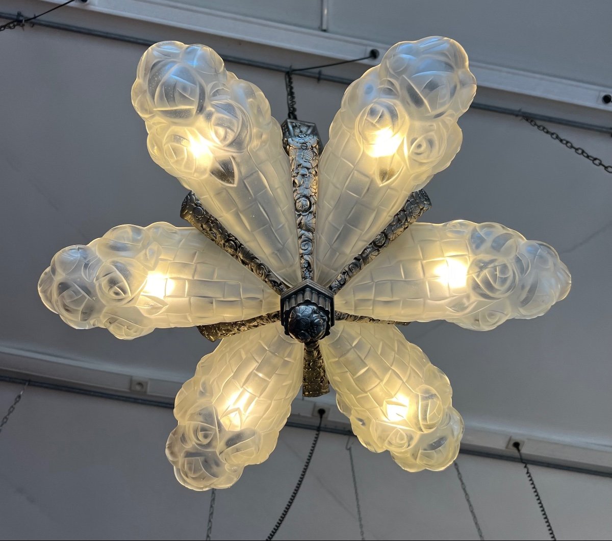Superb Art Deco Chandelier With 6 Cornets “bouquet Of Flowers” Signed Degué (art Deco Chandelier 1930) -photo-4