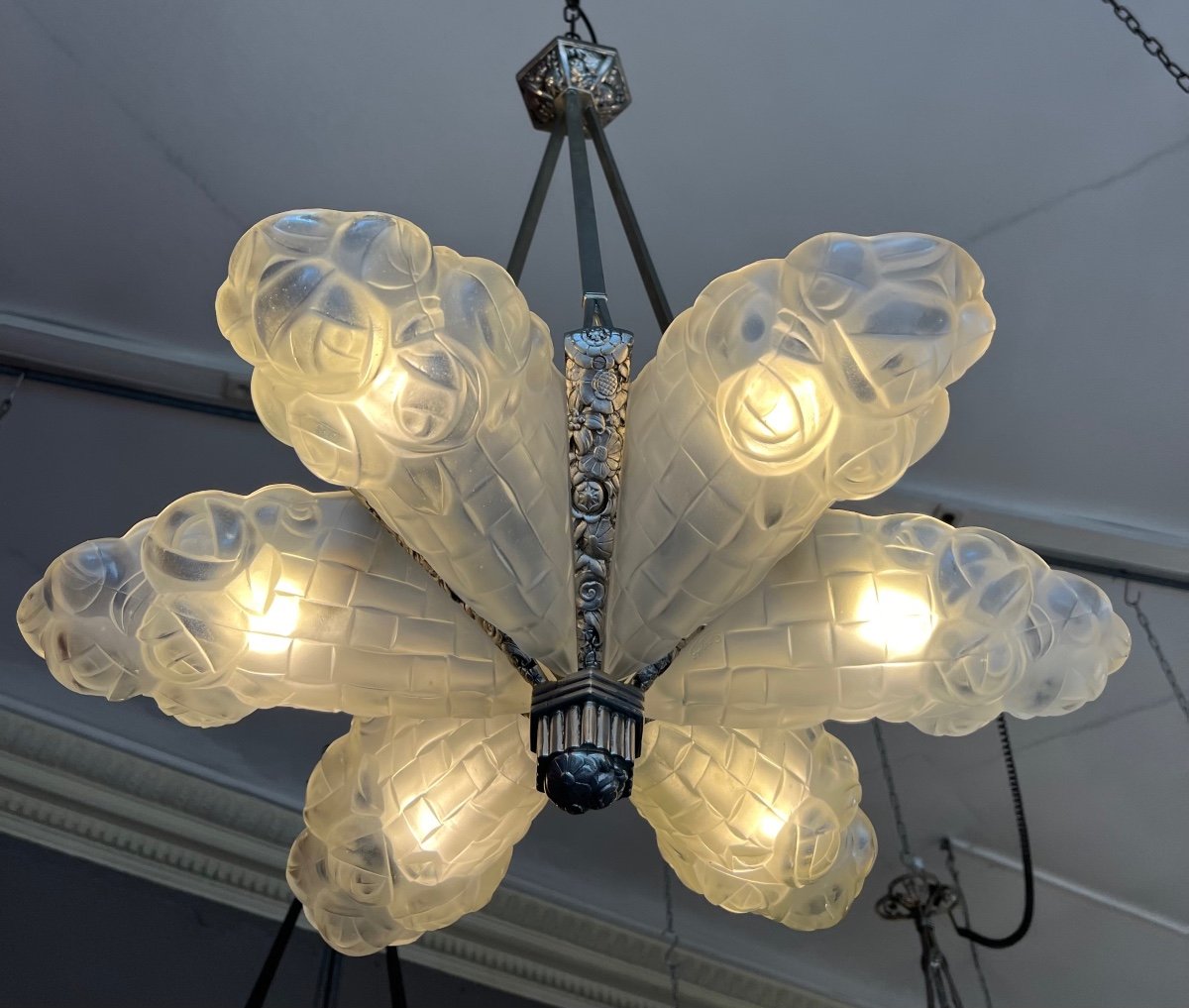 Superb Art Deco Chandelier With 6 Cornets “bouquet Of Flowers” Signed Degué (art Deco Chandelier 1930) -photo-1