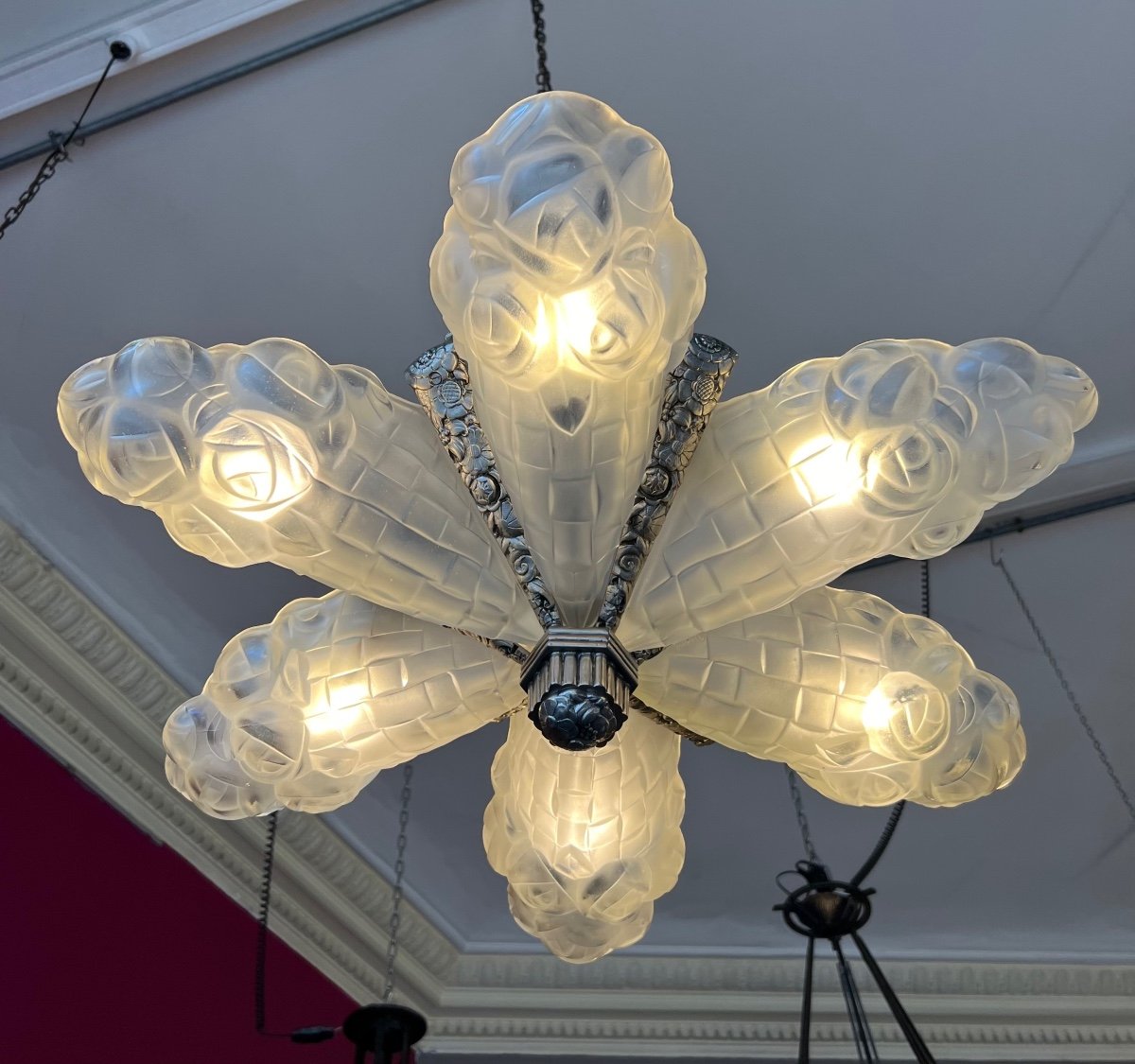 Superb Art Deco Chandelier With 6 Cornets “bouquet Of Flowers” Signed Degué (art Deco Chandelier 1930) -photo-2