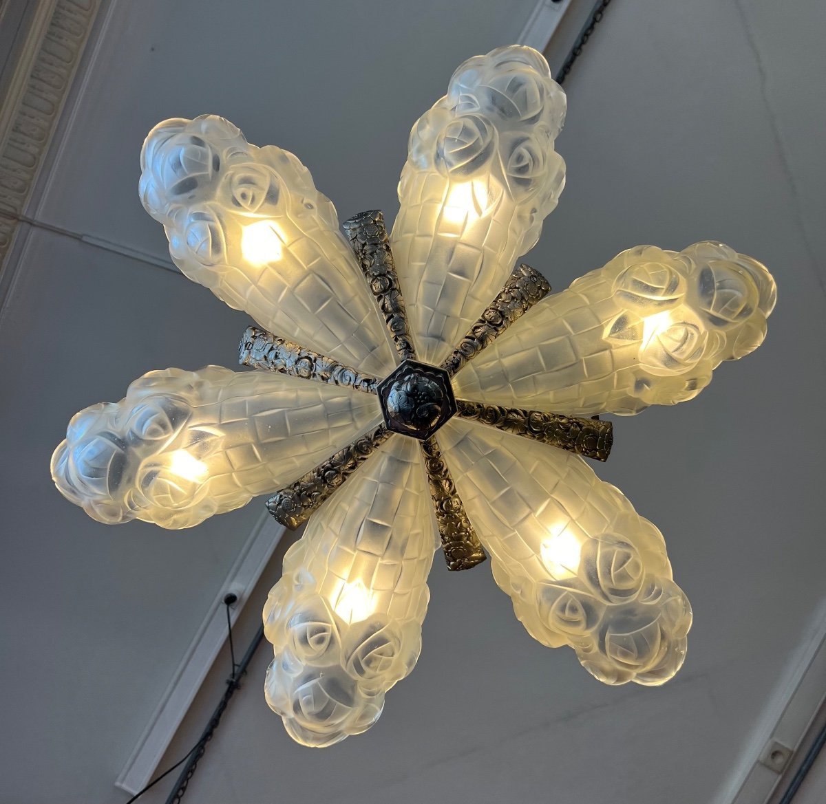 Superb Art Deco Chandelier With 6 Cornets “bouquet Of Flowers” Signed Degué (art Deco Chandelier 1930) -photo-3