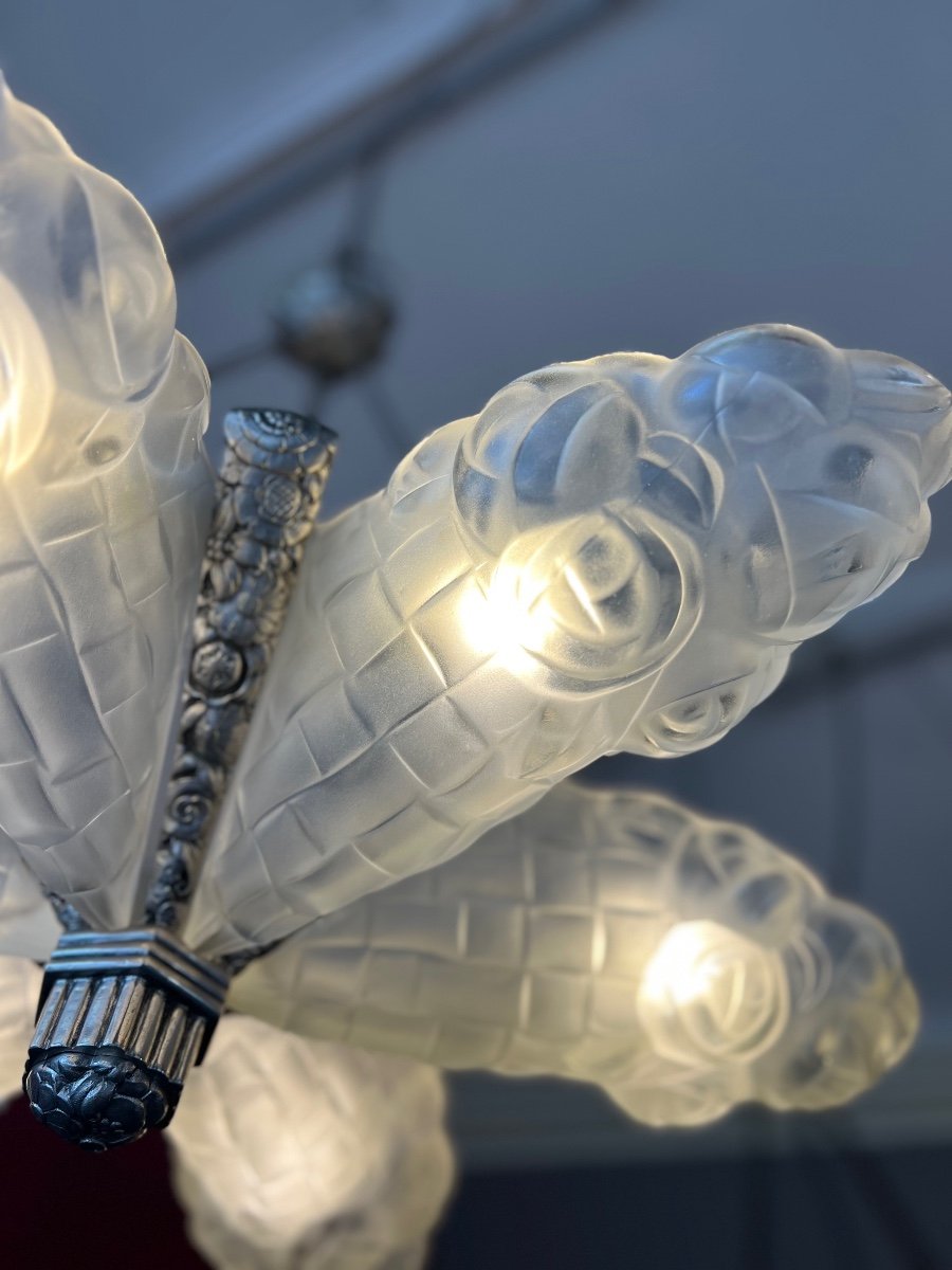 Superb Art Deco Chandelier With 6 Cornets “bouquet Of Flowers” Signed Degué (art Deco Chandelier 1930) -photo-4