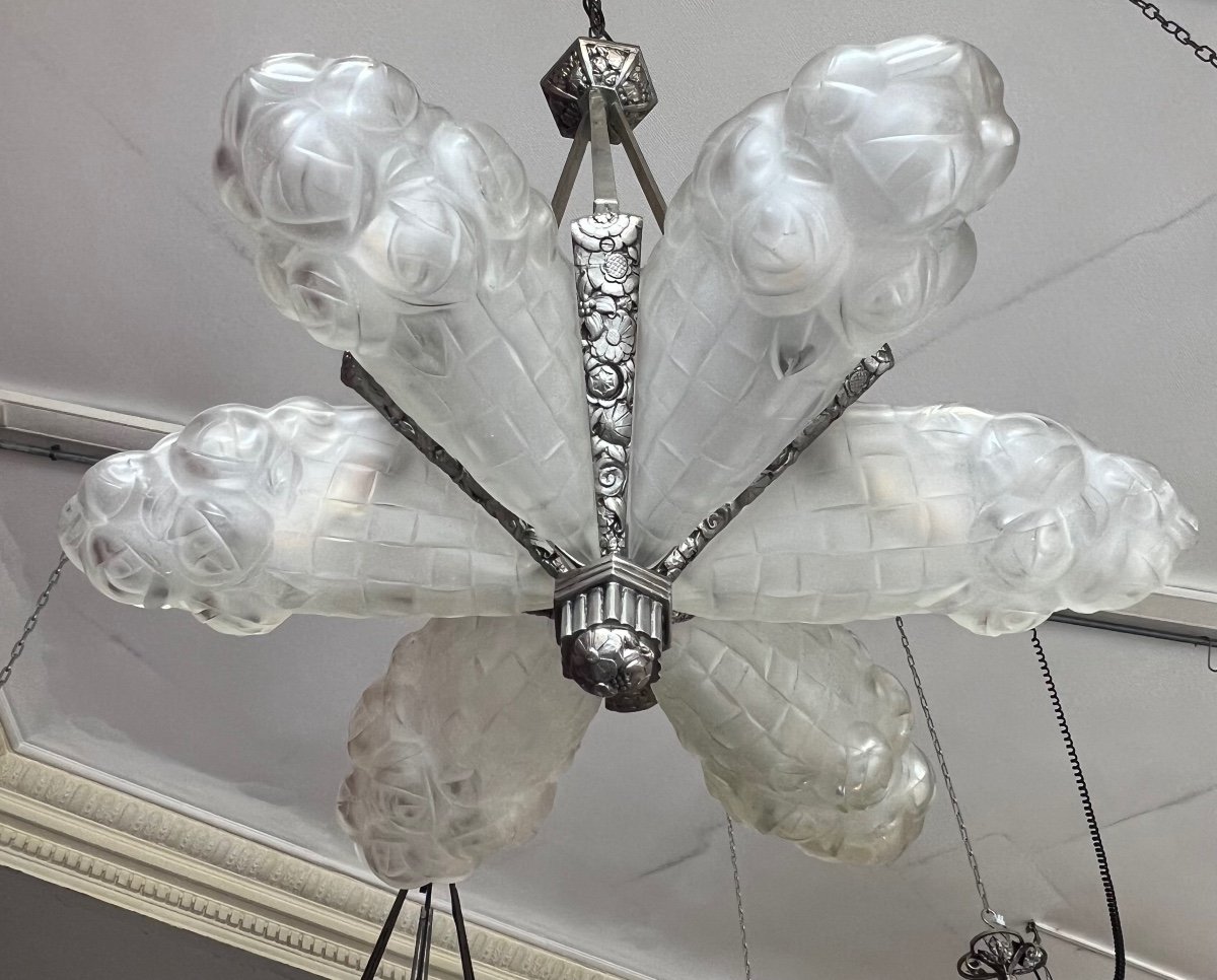 Superb Art Deco Chandelier With 6 Cornets “bouquet Of Flowers” Signed Degué (art Deco Chandelier 1930) -photo-5