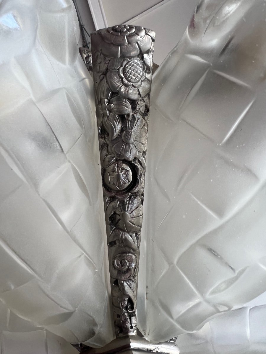 Superb Art Deco Chandelier With 6 Cornets “bouquet Of Flowers” Signed Degué (art Deco Chandelier 1930) -photo-6