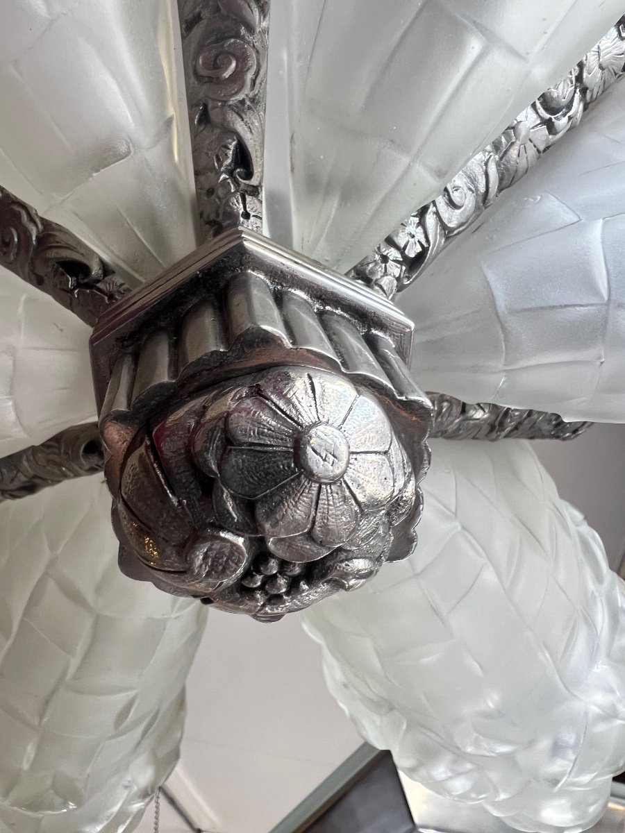 Superb Art Deco Chandelier With 6 Cornets “bouquet Of Flowers” Signed Degué (art Deco Chandelier 1930) -photo-7
