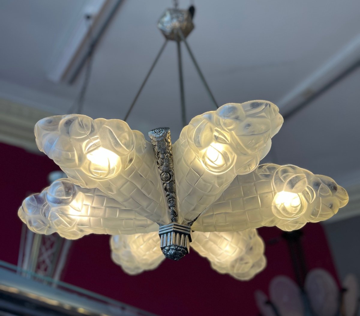 Superb Art Deco Chandelier With 6 Cornets “bouquet Of Flowers” Signed Degué (art Deco Chandelier 1930)