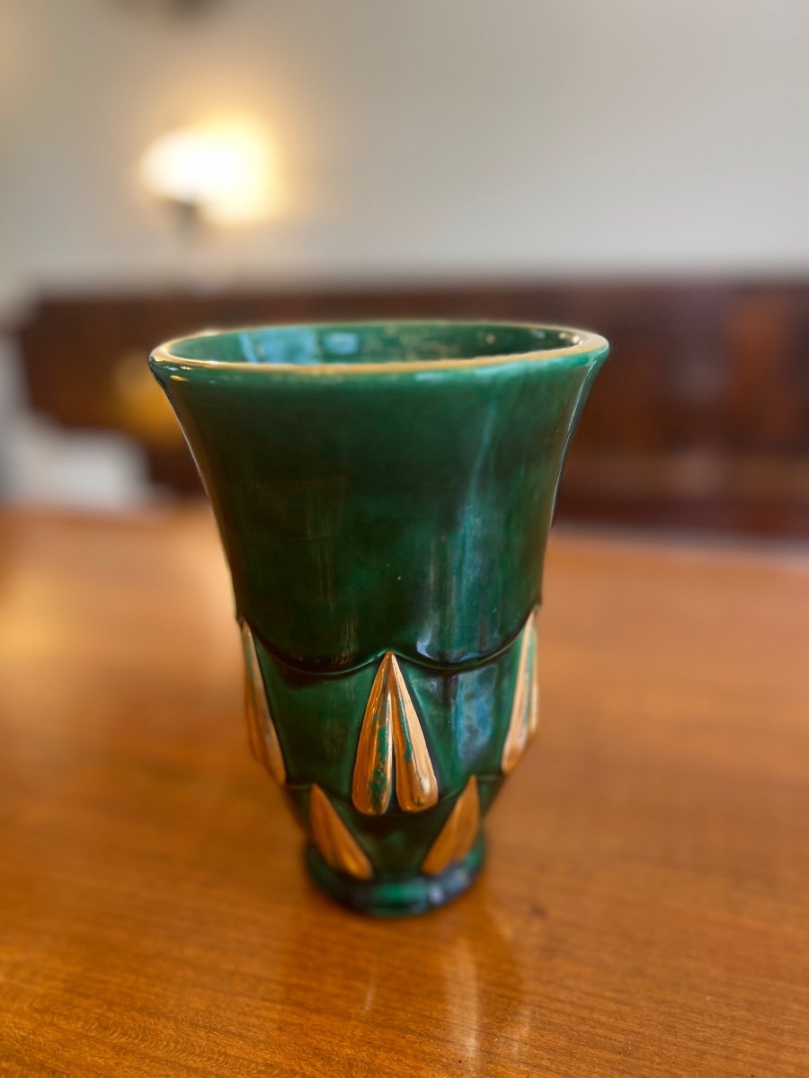 Small Art Deco Vase In Enameled Earthenware Signed Saint Clément (ceramic / Art Deco Vases 1930)-photo-2