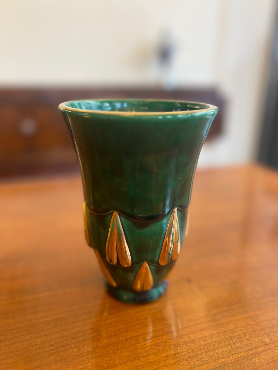 Small Art Deco Vase In Enameled Earthenware Signed Saint Clément (ceramic / Art Deco Vases 1930)-photo-3