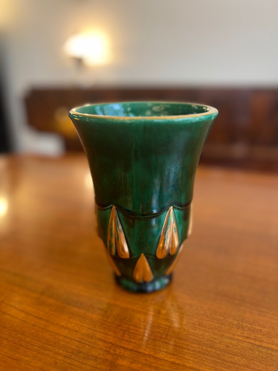 Small Art Deco Vase In Enameled Earthenware Signed Saint Clément (ceramic / Art Deco Vases 1930)-photo-2