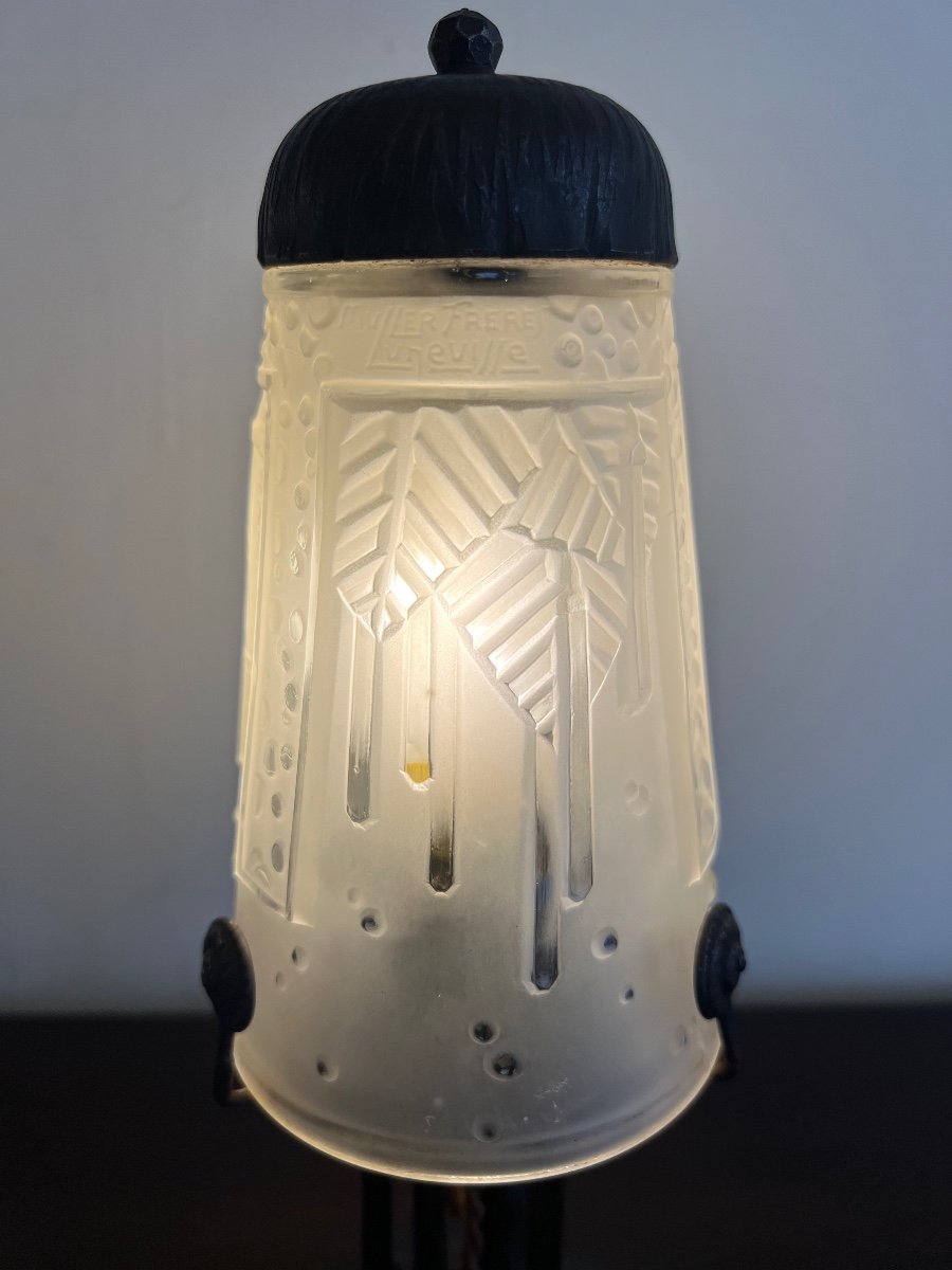 Art Deco Table Lamp Müller Frères Lunéville Signed / Wrought Iron (art Deco Lamp 1930) -photo-4